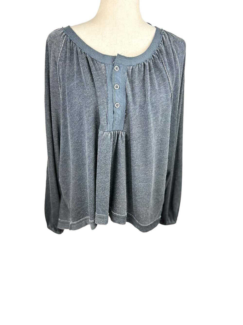 We the Free Blue Gray Peasant Shirt Distressed Look Long Sleeve Size S